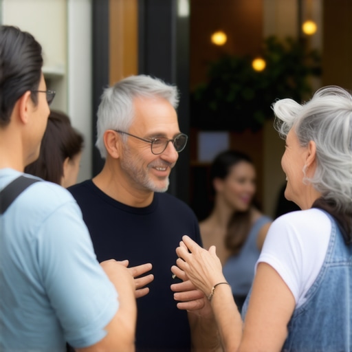 A local shop owner talking to customers in a lively neighborhood