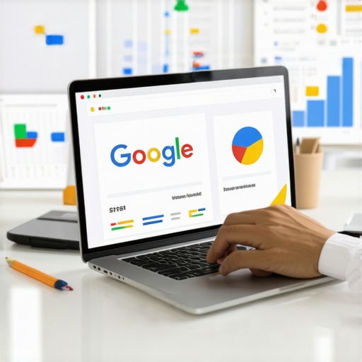 Person working on Google My Business profile with maps and analytics displayed.