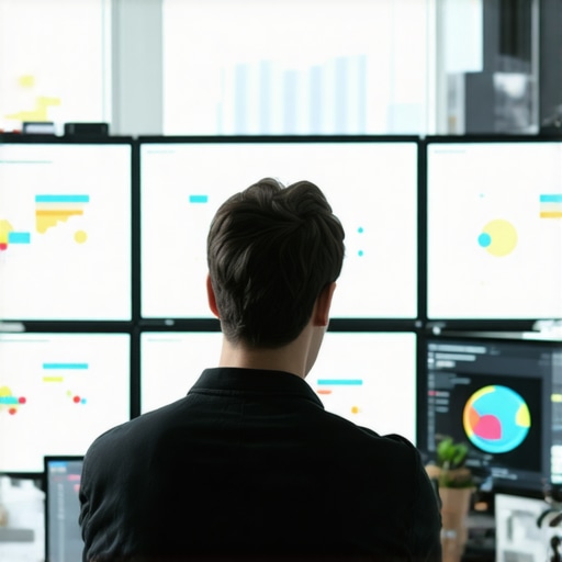 Digital marketer reviewing local SEO analytics on multiple screens with maps and graphs.