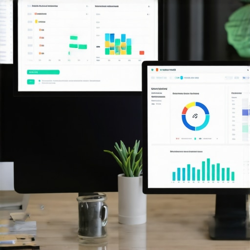 A workspace with SEO tools on a computer screen, showing local SEO analytics and citation management dashboards.