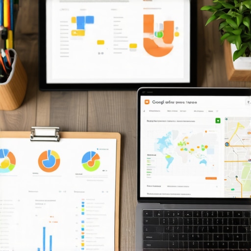 Desk setup with analytics tools and laptop showing local SEO metrics.