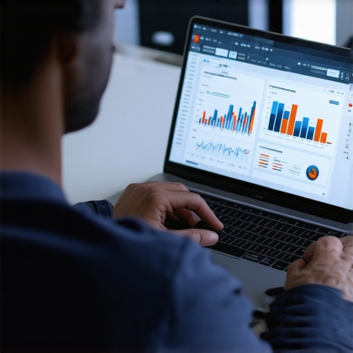 Digital marketer reviewing local SEO data and rankings on laptop.