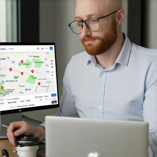 SEO consultant reviewing Google Maps rankings on a laptop, surrounded by analytics tools.