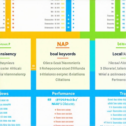 An infographic illustrating key strategies for local map pack optimization including citation consistency, keyword integration, review management, and analytics.