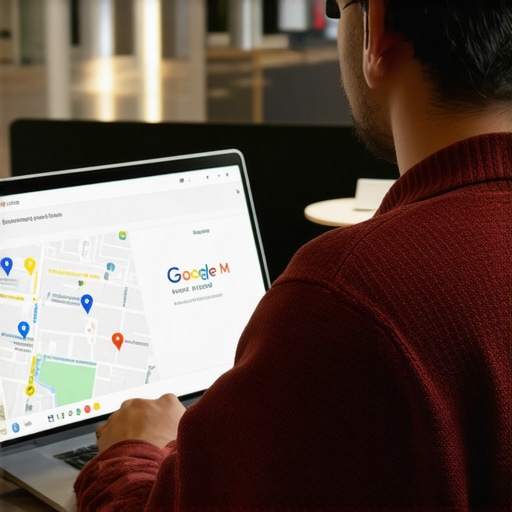 Business owner optimizing Google My Business profile on laptop with local maps background.