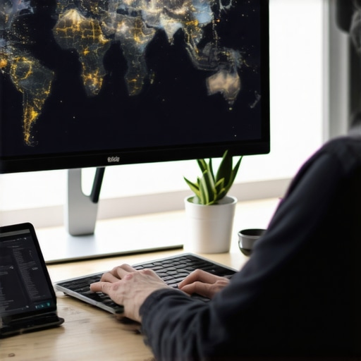 Data Analysis for Local SEO Success Person analyzing local SEO and map pack data on computer screens in an office setting.