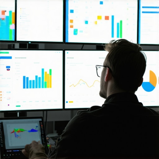 Digital Marketer Analyzing Local SEO Data A professional analyzing local SEO metrics on screens filled with graphs and dashboards.