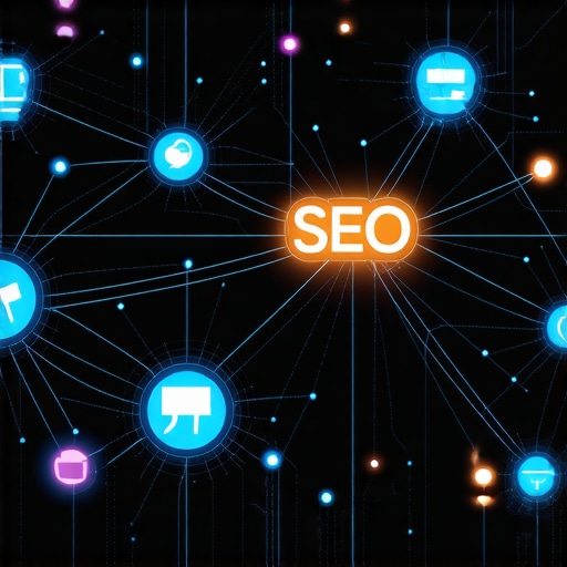 An illustration of interconnected digital signals illustrating local SEO signals, user engagement, and semantic relevance.