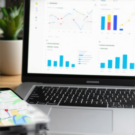 Effective Tools for Local SEO Maintenance Laptop displaying SEO analytics and Google Maps on smartphone in workspace