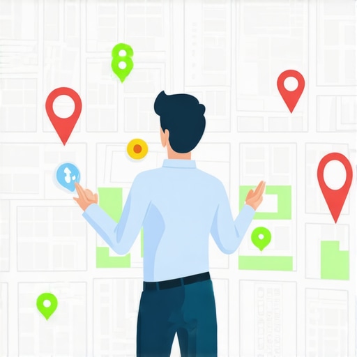 A digital map with icons representing GMB profile updates, citations, and mobile optimization strategies.