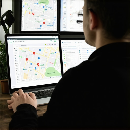 SEO analyst analyzing Google Maps data with screens showing graphs and maps