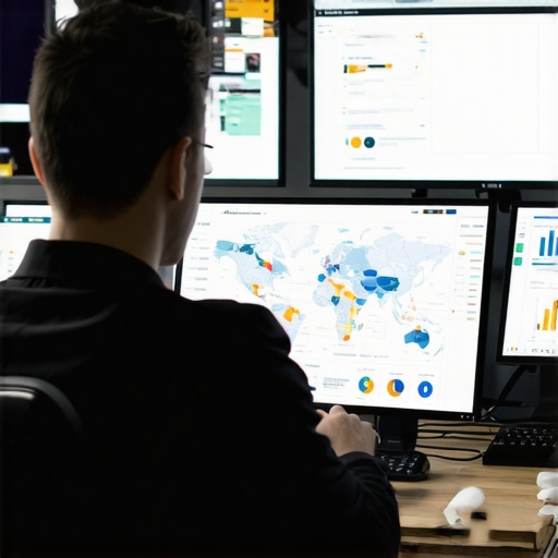 A digital marketing professional reviewing SEO analytics on multiple monitors with map data and graphs.