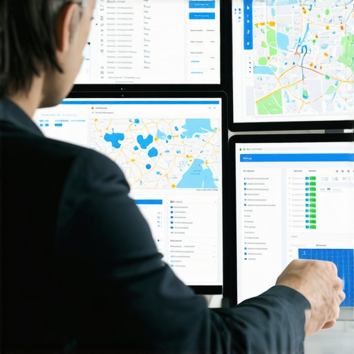 SEO analyst reviewing local map and performance data on multiple monitors