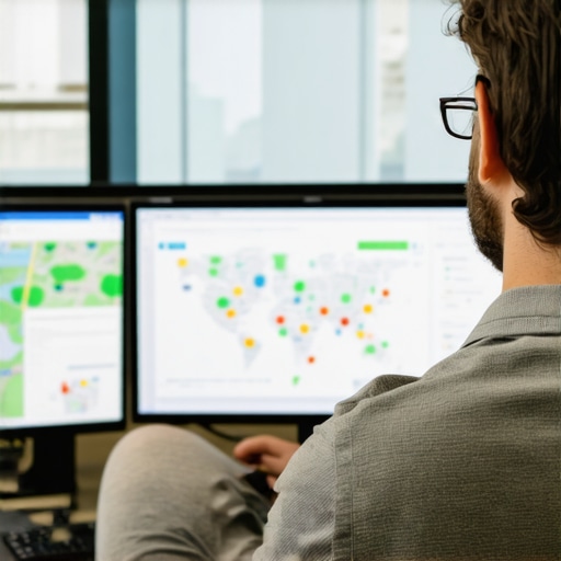 A professional reviewing multiple screens showing maps, rankings, and engagement metrics for local SEO