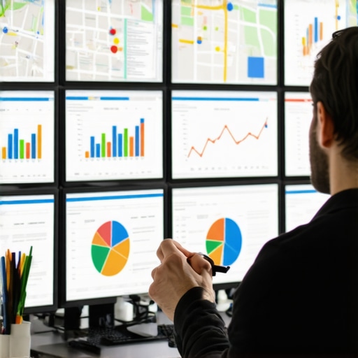 SEO expert reviewing Google Maps ranking data on dual monitors.