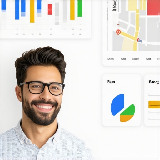Business owner working on local SEO optimization at desk with Google Maps and charts