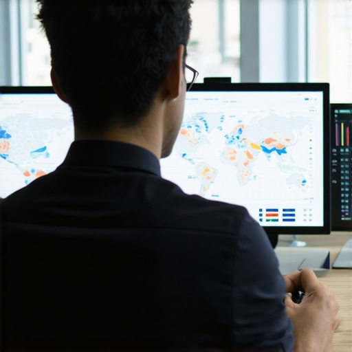 SEO analyst analyzing local search performance data on multiple screens.