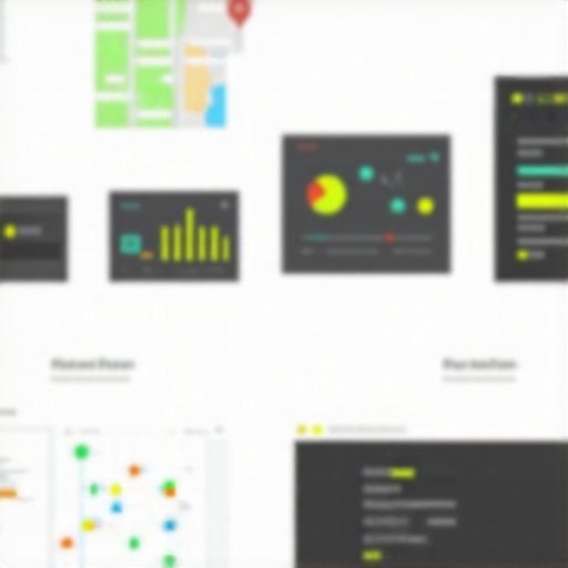 Screenshot of analytics dashboards and map management tools on a computer screen.