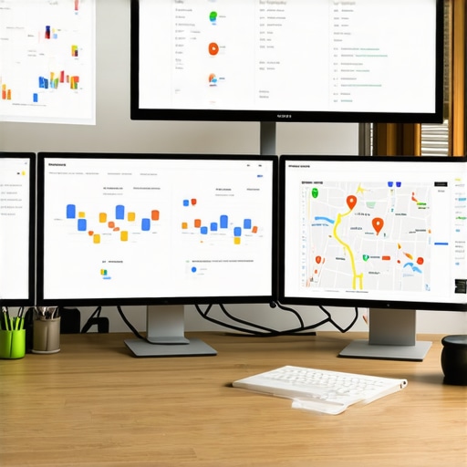 A business owner monitoring local SEO metrics on multiple screens, focusing on citation consistency and Google Maps performance.