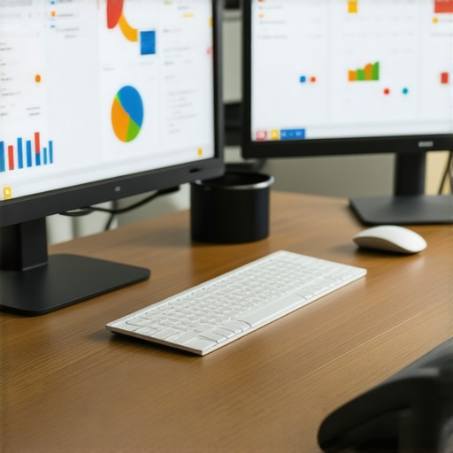 A modern desk with multiple screens displaying analytics and SEO tools.