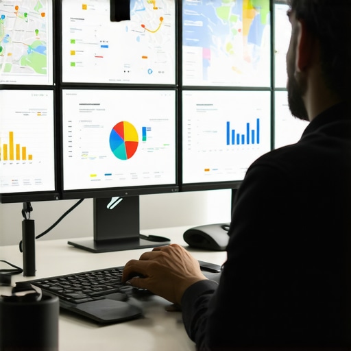 Data-Driven Local SEO Management A person reviewing local SEO analytics on multiple monitors showing maps and graphs.