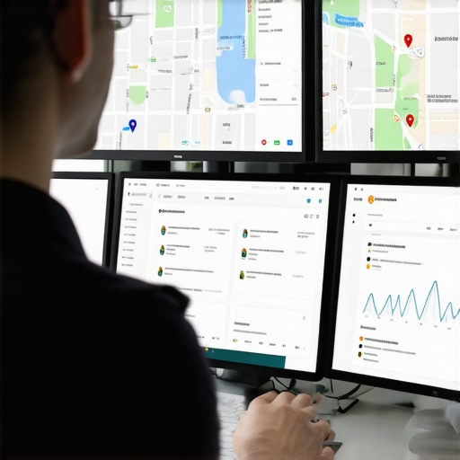 SEO professional analyzing local map pack data on monitors.